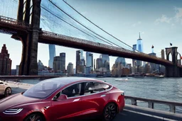 A Tesla's 'Model S' is parked, on the 'Brooklyn Bridge' in New York. CINEMATIC. WIDE ANGLE LENS. PHOTO REAL.