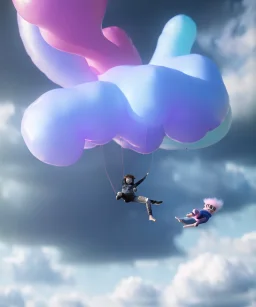 Ultra realistic speed clouds sky scene, wide angle view, sweet childs falling down, inflatable color clothing, free jumping flying, many trinkets, monster hair, hair monster, many jelly beans, balls, smile, happy, circus style, extreme, wind, clouds sea, 20,000 feet altitude, stratosphere, soft color, highly detailed, unreal engine 5, ray tracing, RTX, lumen lighting, ultra detail, volumetric lighting, 3d, finely drawn, high definition, high resolution.