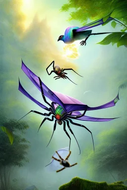 spider fight with exotic pigeon, jungle setting, soft pastel colors, mystical, dreamlike, Neo-Impressionism, fine detail, high quality,