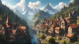 city center in Fairytale village on the edge of the forest, past the mountains, and beyond the river, 8k, high quality, trending art, trending on artstation, sharp focus, studio photo, intricate details, highly detailed, by greg rutkowski