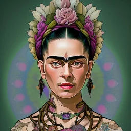 A beautiful portrait of Frida Kahlo, alphonse mucha, tribal tatoos, volumetric light high details, full length clean art NFT, soft pastel gradients, high definition, blender 3d cinematic, op art, visionary art, sacred geometry, fractal, lot's of details in the background