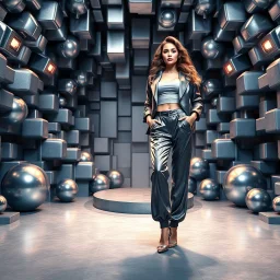 make a picture pretty stage made of metallic blue-gray teme 3d fractal recursive cubic and sphere base structures and a beautiful fashion model lady posing with cute,with baggy style trousers with a tight top and jacket,silver high heels ,makeup curvy long hair,dynamic camera zoom to full body and pan, dynamic lights.