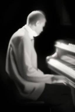 Hombre, pianista, tocando el piano, mirando hacia su derecha, fuertemente iluminado desde, blanco y negro vaporoso, al estilo del fotógrafo Hugo Alonso
