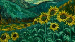 A dark green glacier with sunflowers painted by Vincent van Gogh