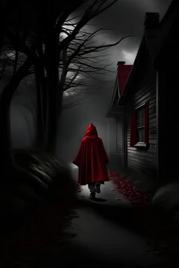 Caperucita Roja en un ambiente sombrío y oscuro caminando hacia la casa de su abuelita
