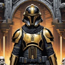 star wars bald male corellian pilot wearing pearlescent black and gunmetal grey First Order special forces heavy assault stealth commando armor and helmet with gold trim inside the jedi temple, hyperdetailed, dynamic lighting, hyperdetailed background, 8k resolution, volumetric lighting, light skin, fully symmetric details