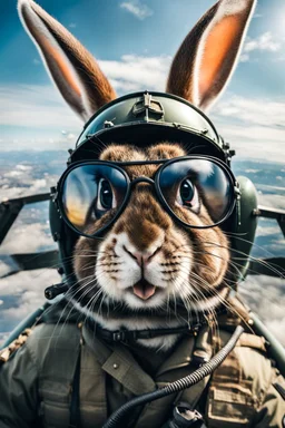 close up view of crazy kamakazi pilot rabbit, close view from the front window of the world war 2 fighter plane he is flying, pilot glases, crazy agressive look, in action attacking