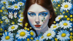 Oil painting of a woman with light skin and dark hair, surrounded by a dense vegetation of white and yellow daisies and small blue flowers, creating a floral setting around her face. Two white butterflies with blue spots are located among the flowers, one near her left temple and another on the right side of the composition. The woman has dark blue eyes, freckles, and blue lips. Her face features small, whimsical details, such as a small caterpillar near her left eye, a heart drawn on her cheek,