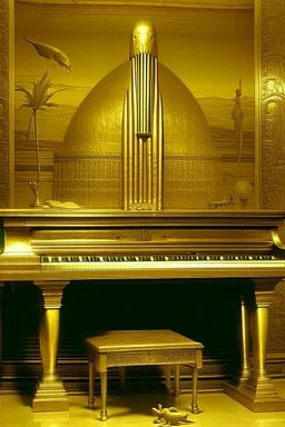 A gold piano and tuba shaped fortress designed in ancient Egyptian hieroglyphics painted by Birge Harrison
