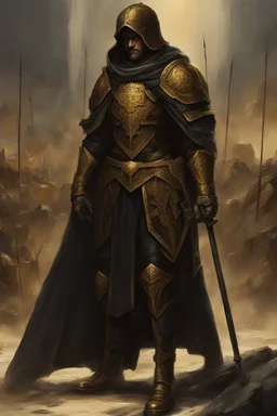 A commander with a black cloak and a long coat with long combat boots and a long spear with his Helmet is golden under his cloak