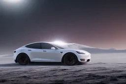 A Tesla 'Model Y' is drifting at top speed, on the planet 'Hoth'. CINEMATIC. WIDE ANGLE LENS. PHOTO REAL.