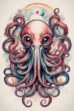 Create a captivating modern 2d colorfull ink tattoo design for print , prestigious (Sacred Octopus) using the elegant influences of japan art style, for print, dynamic elements from fashion and design, and bold Japanese contemporary art aesthetics, framing centered in the center, distanced from the edges of the paper perimeter, perfect anatomy, bauhaus, Divine Proportion,