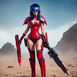 [she cuts the bloody flesh on the battlefield] Sexy_thin_nude blue female alien warrior with goggles red boots and corset with ray guns