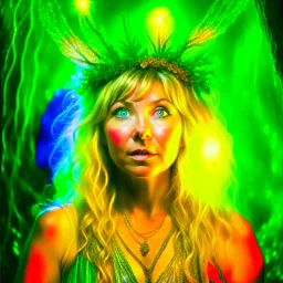 micromosaic, portrait of samantha fox hippie pixie hovering in the underground grove glowing spaghetti light, in the style of dali, 8k, down-light, soft light, depth of field, photo realism, trending on art station, high detail, smoke and fog