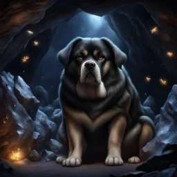 Hyper Realistic big muscular dog guarding black crystals with fireflies in a cave at night