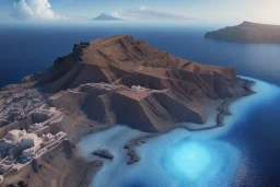 Santorini's greek island volcano,eruption lava flows , concept art, smooth, extremely sharp detail, finely tuned detail, ultra high definition, 8 k, unreal engine 5, ultra sharp focus, illustration, magic ambient, scifi , fantasy.