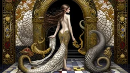 This highly detailed painting depicts a nude woman standing on a black and white geometric tile floor. The woman has long, wavy, flowing brown hair and a slender yet curvaceous physique. She has her back to the viewer and holds a golden mirror in her right hand, looking up. She is surrounded by fantastical elements. To her left, a large mythical dragon with a fierce expression and fiery red scales lies on the floor. Its head is turned towards the woman and it has sharp claws and a long, serpenti