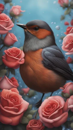 realistic giant robin bird headshot in a bed of roses under the ocean