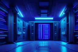 wide shot, a high tech retrofuturistic computer mainframe room, blue and ultraviolet color scheme