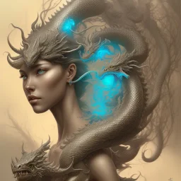 sango fantasy, fantasy magic, intricate, sharp focus, illustration, highly detailed, digital painting, concept art, matte, artgerm and paul lewin and kehinde wiley, masterpiece silver dragon head bronze African nice breast Afo woman turquoise waves