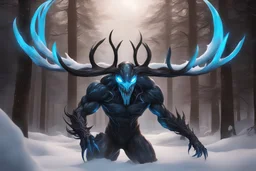 Venom Shadow symbiote in 8k realistic anime drawing style, Deer skull, non-eyes, blue neon crystal Antlers, fantasy snow forest, intricate details, highly detailed, high details, detailed portrait, masterpiece,ultra detailed, ultra quality