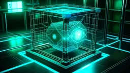 Cube tesseract from movie Loki. Tesseract should not be cropped. Located strictly in the middle of picture with navy blue/green glow inside tesseract. Without surface/table on which it stay.