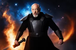 J.K. Simmons as The Celestial Blacksmith, a figure shrouded in cosmic mystery and forged in the fires of the universe. Crafting celestial wonders with hammer and anvil amidst the swirling nebulae. Sparks of creation flying as the stars themselves bend to his will. Each strike of his hammer echoing through the cosmos, shaping the very fabric of existence. A master of celestial metalwork, bending stardust and shaping galaxies with divine precision. The Celestial Blacksmith, a cosmic artisa