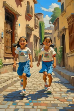 2 maxican childeren running tradidtional clothes painting neoclassism in a traditional mexican city