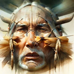 The old Cherokee man of the Great Plains, double exposure Cherokee mans face formed by a Teepee in a grass plains with Buffalo, watercolor by Jean-Baptiste Monge and Yossi Kotler, Modifiers: sharp focus extremely detailed intricate oil on canvas portrait hyperrealistic high definition crisp quality