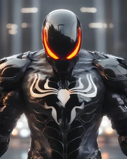 A detailed raw photo of the Venom black Cyborg made entirely of luminescent and translucent liquid materials, bathed in cinematic light. You can see all the inside of his body, with two Daft Punk-style, realistic elements, captured in infinite ultra-high-definition image quality and rendering