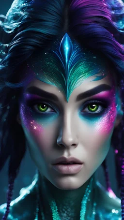 An alien look likes a human with very insane details, black hair and eyes like mermaids with 4k colors, looking for someone