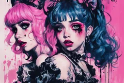 Poster in two gradually, a one side malevolent goth vampire girl face and other side the Singer Melanie Martinez face, full body, painting by Yoji Shinkawa, darkblue and pink tones,