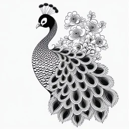 white, A peacock in a regal pose, focusing on its majestic feathers., coloring book, vector, white background, outline, with images neatly contained within the background, just black and white color, full body, no color.