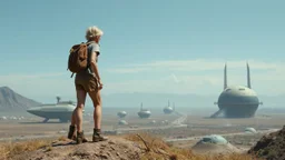 A photorealistic image of a slender 60-year-old woman, in brown shorts, a shirt and boots, with a backpack, standing on a hill looking down on a derelict sci-fi spaceport with low alien buildings.