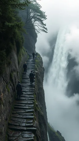 Trees on the sides of narrow stone path above the ground gradually getting higher into the clouds no railings, dangerous drop people in black leathers medievil period weather is wet spiraling into the clouds fantasy, a waterfall in the background