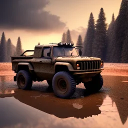 stylized hyperrealistic shot, muddy aggressive military toy truck, monotone color palette, sharp focus, puddle reflection, tire water splash, refraction, mist on the horizon, sunset, rocks background, detailed and intricate, cinematic composition, micro, tilt shift photography, unreal engine 5, octane render, 8k, cinematic lighting