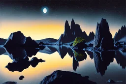 Grey Exoplanet in the hotizon, rocks, Night, lagoon reflection, sci-fi, epic, otto pippel painting