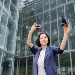 A short haired, light breasted female computer engineer taking a selfie in front of Building 92 at Microsoft