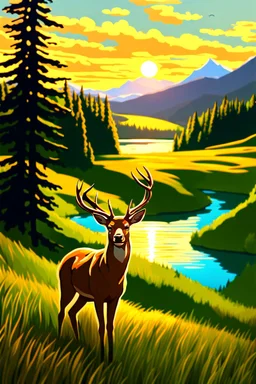 the foreground, a deer on a forest hillside overlooking a lake. Bathed in sunshine, with a lush green meadow, a winding river, and a towering mountain range in the distance. Warm sundown glow, golden hour. Ultra-detailed, with every blade of grass and every leaf rendered in perfect clarity. The colors are vibrant and saturated, with a dreamy, ethereal quality. Stained glass effect. Modifiers: photorealistic award winning cinematic postprocessing watercolor Ink drawing Steve Hanks Nicoletta Cecc