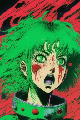 90s anime sci fi green hair space Captain girl blood on face scared, rattled and shook, violent atmosphere, retro manga style, hyper detailed, Japanese horror, junji ito,