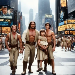 [standing father, wife and son] the intrepid and tribal Tarzan, Jane Porter, and their young son Korak embark on a grand adventure that rivals the epic tales of the legendary Argonauts (1963). In this high-resolution photo taken at Times Square in the bustling heart of New York, the father, wife and son are eager for wanderlust and discovery.