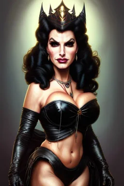 painting of lisa ann as evil queen in black leather, feminie, angry, stern look on her face, volouptous, busty, cleavage, emperious, mature, highly detailed, digital painting, artstation, concept art, smooth, sharp focus, illustration, art by gaston bussiere and alphonse mucha