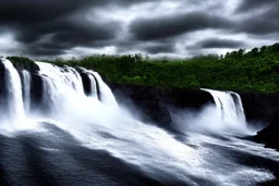 Cloudy dark sky, epic waterfall landscape, photograph, hyperrealism, 4k