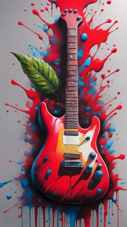 A red electric guitar , graffiti art, splash art, street art, spray paint, oil gouache melting, acrylic, high contrast, colorful polychromatic, ultra detailed, ultra quality, CGSociety, plant based skink,