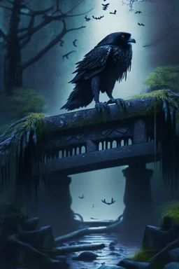 storm crow on stone bridge in magical forest, 4 k, trending art, depth of field, high detail, high contrast