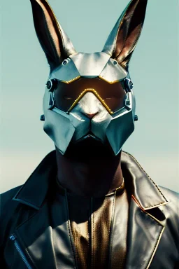 Medium Close Up Portrait, Front image. cyberpunk, rabbit mask, British man, white short hair. leather, gold suit. White, black, red, color. Retro futuristic style. Color background, photo studio. Avatar image, highly detailed, concept art, smooth, unreal engine 5, god rays, ray tracing, RTX, lumen lighting, ultra detail, volumetric lighting, 3d, finely drawn, high definition, high resolution.