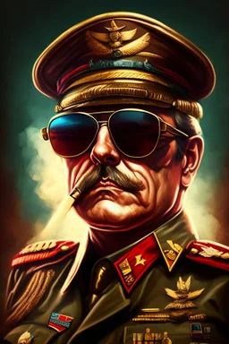 Make me a oil portrait from a dictator with sunglasses and cigar and many badges