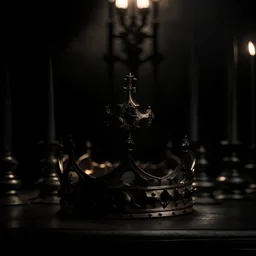 a crown in front of a preist with back a crucified in a circle. dark atmosphere