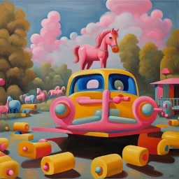 Big pink plastic toy horse.19th painting