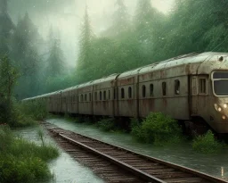 an abandoned train on tracks overgrown by nature with large puddles of water flooding part of tracks, 8k resolution, high-quality, fine-detail, intricate, digital art, detailed matte, volumetric lighting, illustration, 3D octane render, brian froud, howard lyon, selina french, anna dittmann, annie stokes, lisa parker, greg rutowski